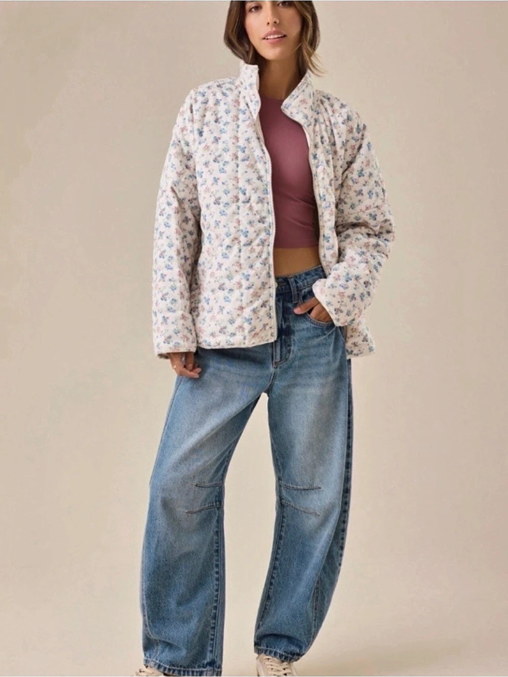 Altar’d State Corduroy Quilted Floral Jacket in Cream Size Medium